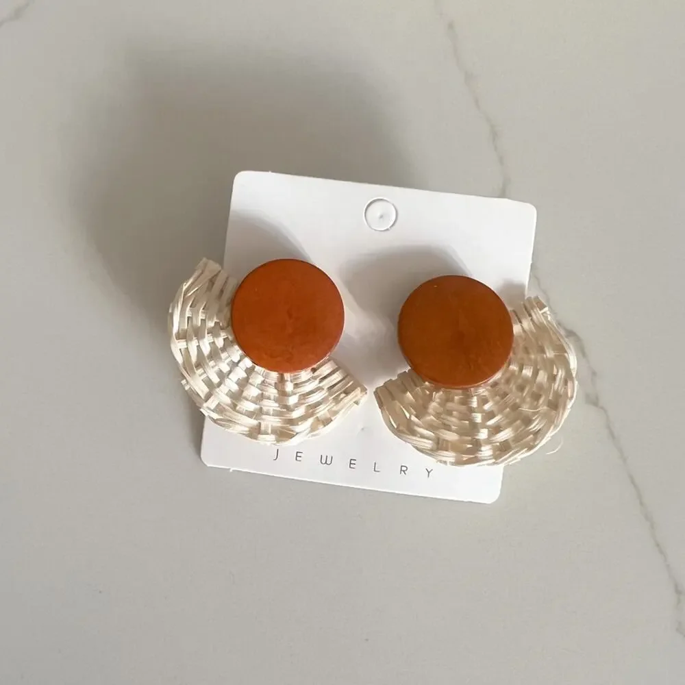 Brown Beige Round Rattan Lightweight Boho Earrings